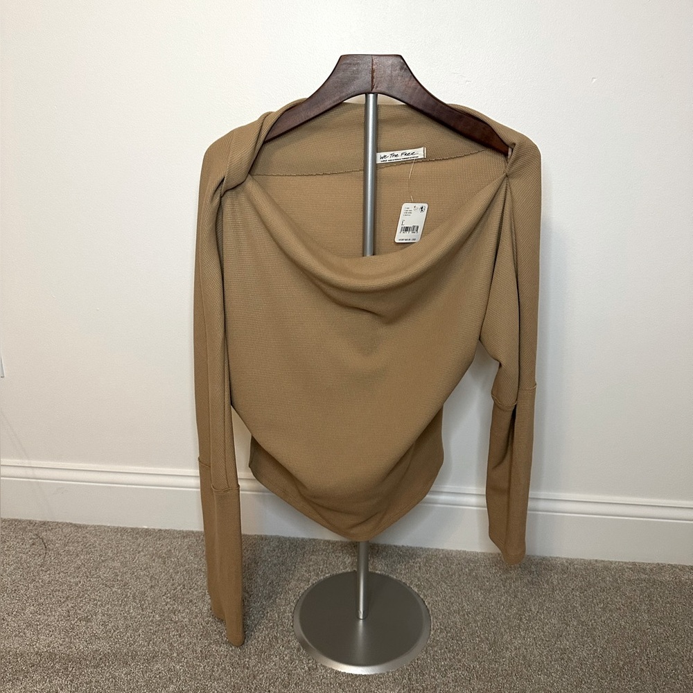 Free People Off-the-Shoulder Thermal Top with Thumb Holes in Tan